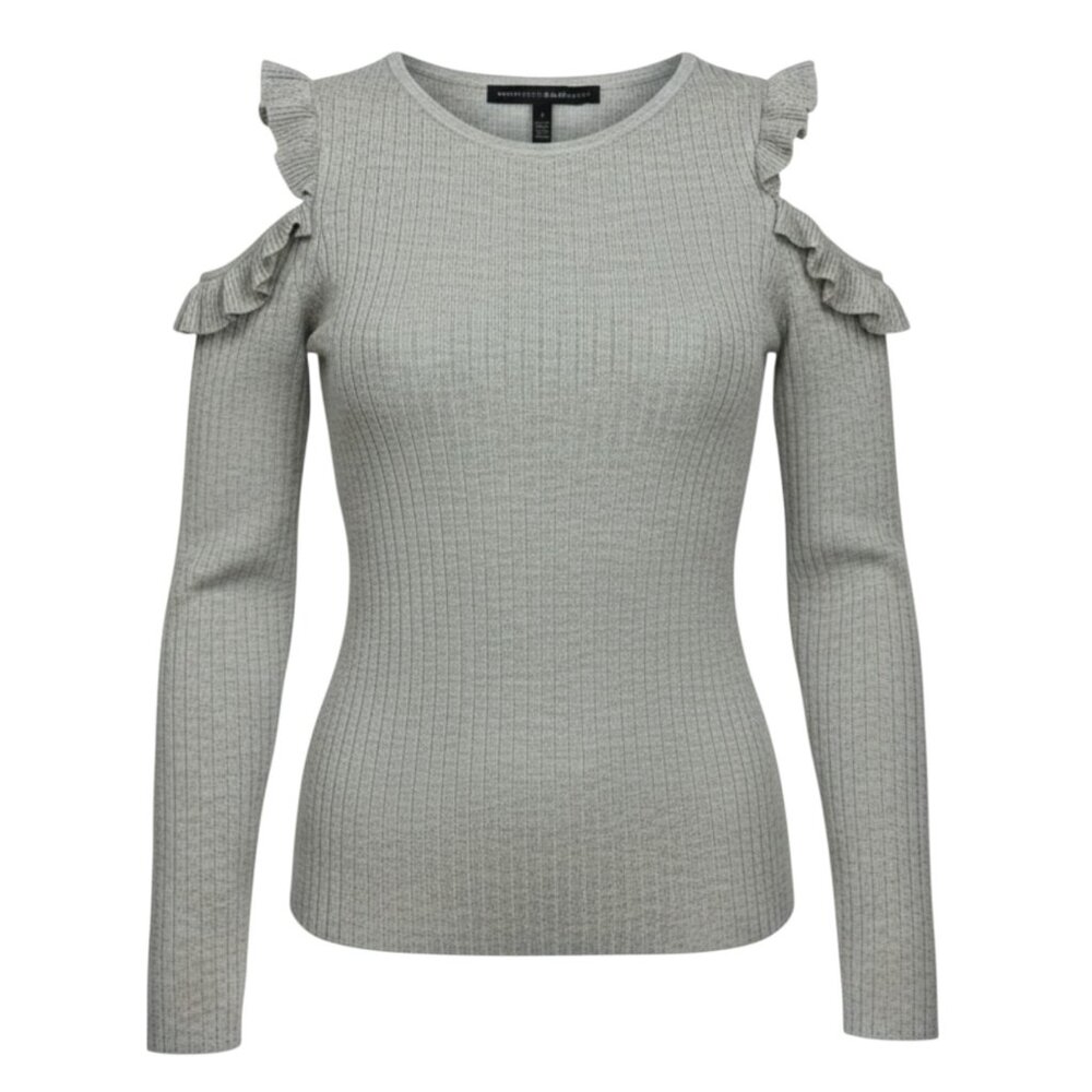 White House Black Market Heather Gray Ruffled Cold‎ Shoulder Sweater